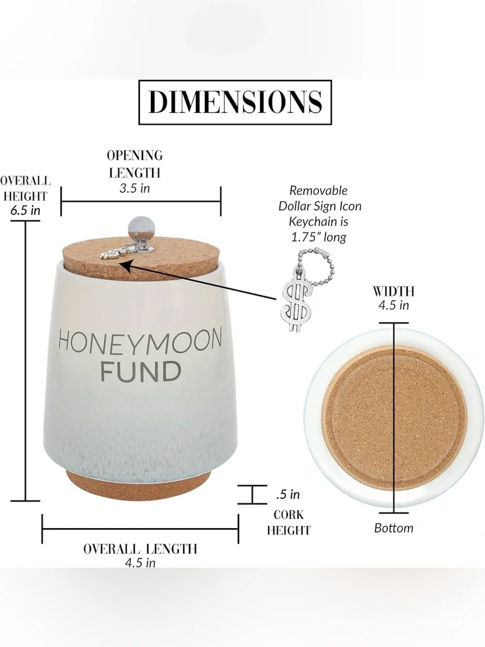 Honeymoon Fund Ceramic Money Jar with Cork Lid & Cute Little Metal Money Design